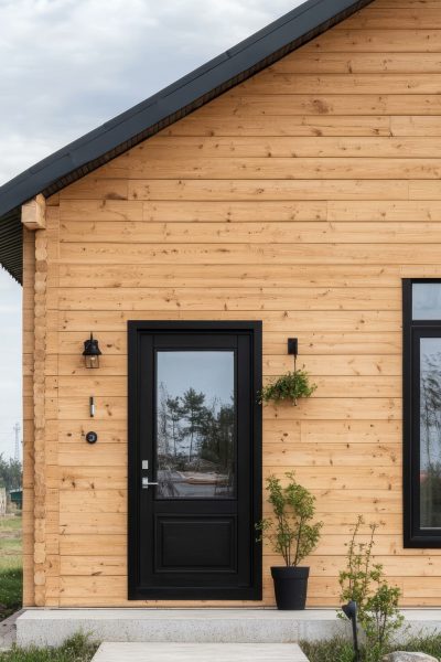 Wooden House Entrance with Black Door Wooden House Entrance with Black Door